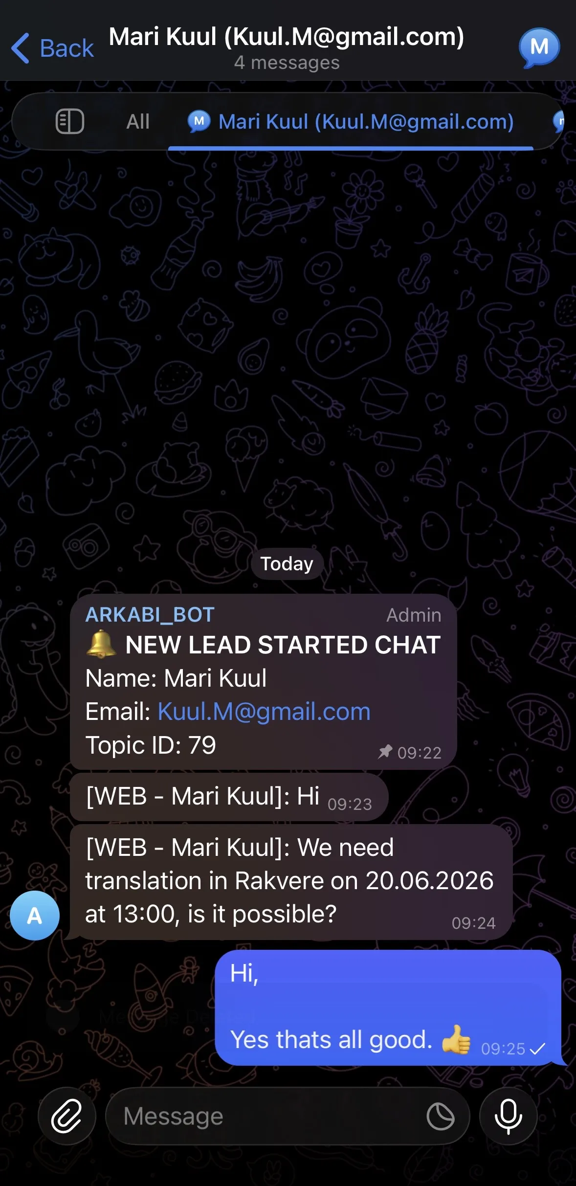 ARK Telegram Chat — AI chat interface screenshot (2025)